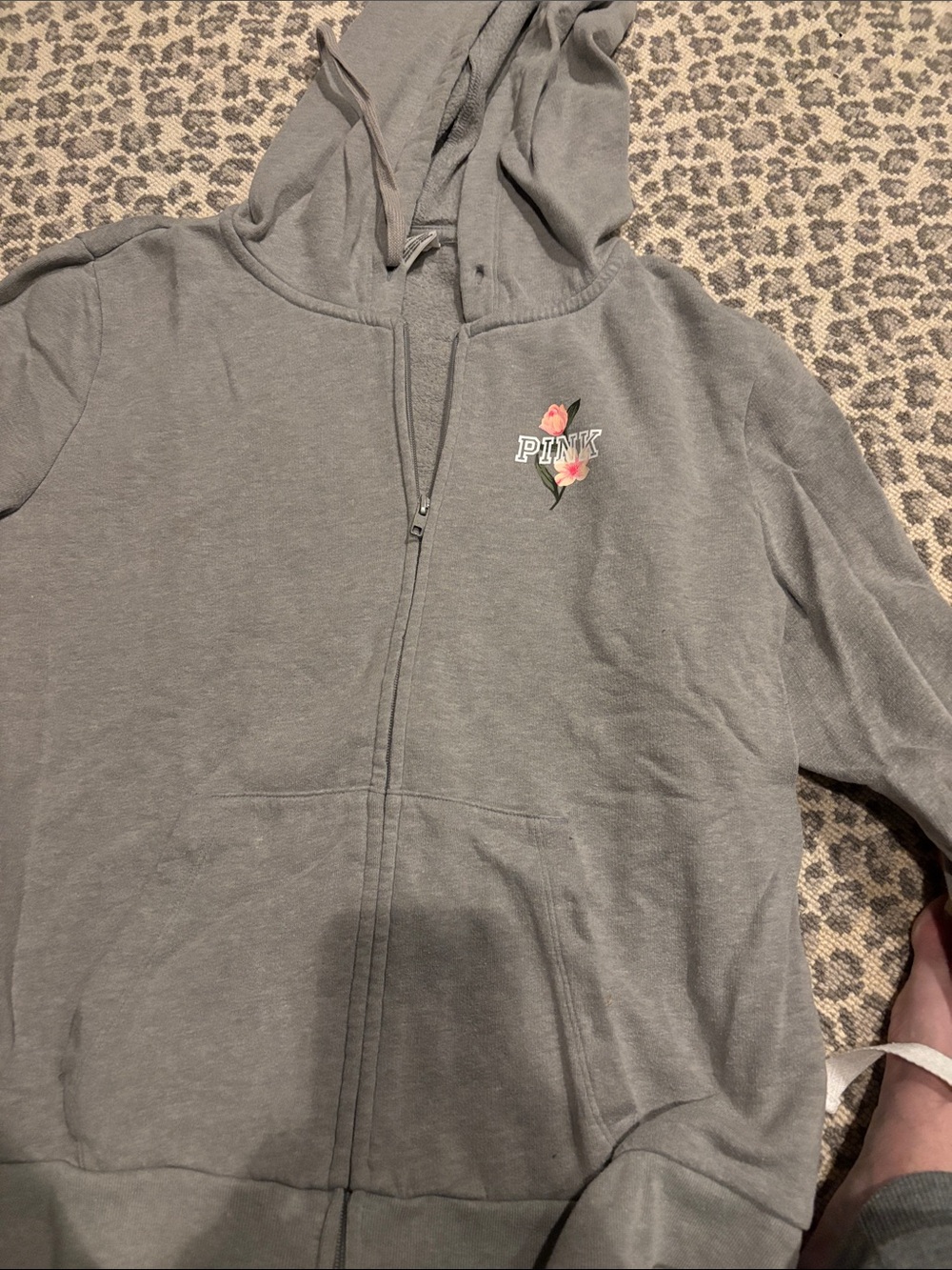 PINK Victoria's Secret Gray Zip-Up Hoodie with Pink Floral Logo